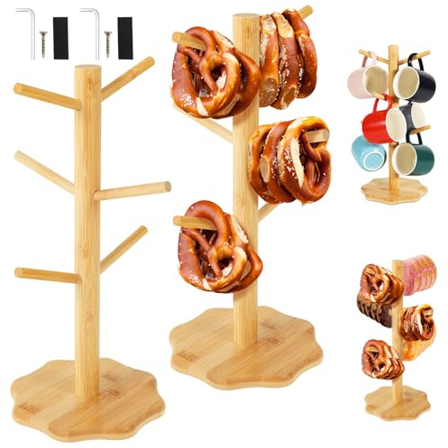 VAVPUP 2 Stück Brezelstander Holz,Baumform Brezelbaum 6-Armig,Brezelhalter mit Schrauben,Höhe 33cm,Wurstständer, Tassenständer,Brezenständer für Restaurants,Cafés,Bars,Küche,Party