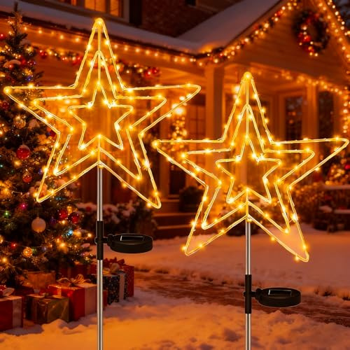 Dekofun Solar Stern Weihnachtsbeleuchtung Außen 2 Stück 75 LED Gartenstecker Weihnachten Beleuchtet 8 Modi Stern Beleuchtet Außen Wasserdicht Weihnachtsstern Wetterfest für Terrace Xmas Gartendeko