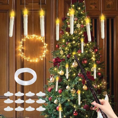 Candele LED sospese con Bacchetta, 12 Pezzi Candele galleggianti per Halloween, Candele Sospese con Telecomando a Bacchetta Magica, Candele LED Senza Fiamma, Candela Led Lunghe per Natale, Halloween