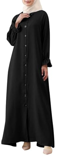 Caftan Maxi Robes Femme Musulmane Solide Manches Longues Boutonné Robe Chemise Col Rond Fluide Élégant Robe de Prière, 01#_Noir, 5XL