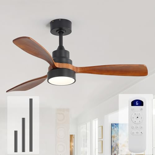 Sofucor 48 Inch Ceiling Fans with Lights and Remote Control-Modern Flush Mount & Downrod Mount Ceiling Fan for Bedroom Living Room Indoor Outdoor Farmhouse Patio, Timer Quiet DC Motor, Black&Walnut