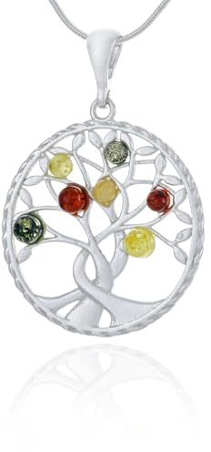 AMBEDORA Damer stort silverhalsband livsträd modell 06 med bärnsten polerat sterlingsilver, färgglad baltisk bärnsten, silverhänge på kedja