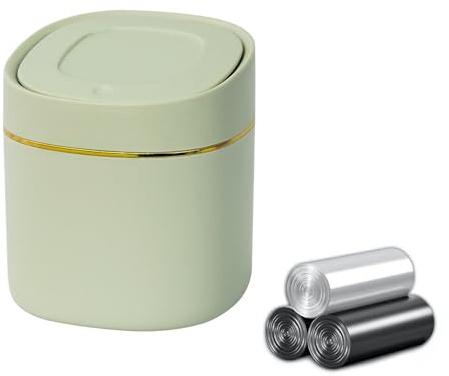QLFJ-FurDec 1 Pcs Mini Desktop Trash Can with Lid with 90 Trash Bags, Press-Type Garbage Can, Small Countertop Plastic Wastebasket for Vanity, Bedroom, Bathroom, Kitchen, Desk (Green)