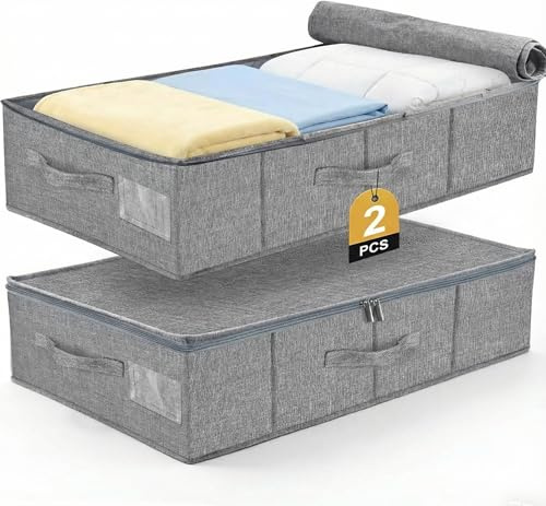 Toyzy Set de 2 cajas de almacenamiento bajo cama de 17cm de altura – Mueble bajo cama con cubierta de lino, 3 asas + cremallera doble, Almacenamiento bajo cama para ropa de cama y ropa seasonal