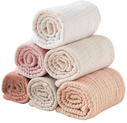 Koomuao 6 Stück Baby Spucktücher,25x50 cm Mullwindeln Spucktücher,6 Lagig Saugstark Baby Waschlappen langlebig,luftdurchlässig Weiche Musselin Erstausstattung für Neugeborene (Rosa)