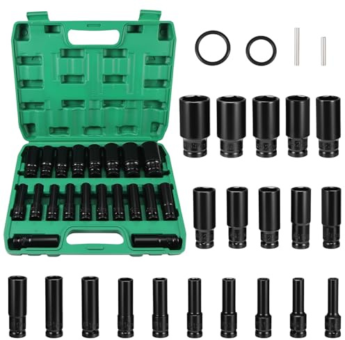 WiMas 20PCS Deep Impact Set 1/2 Inch Metric Drive Tool Impact Wrench Long Socket Set 8-32mm Hex Socket Adapter for Car Repairs Tire Change