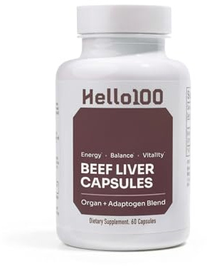 Hello100 Grass Fed Beef Liver Capsules - Desiccated Pasture Raised Beef Organ Supplement for Women & Men - Natural Iron Vitamin A & B12 for Energy & Liver Support - Non-GMO Superfood - 30 Day Supply