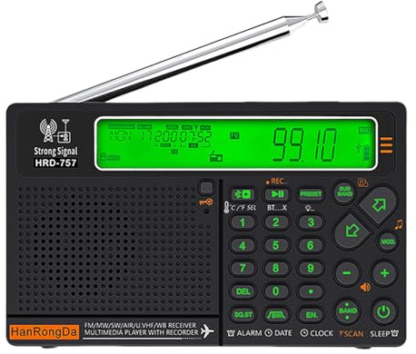 Introti Radio de banda mundial AM/FM/SW de 2500 mAh, radio de onda corta de onda larga con pantalla LCD, compatible con tarjeta BT TF linterna para el hogar al aire libre