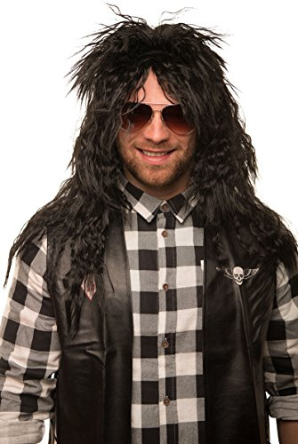 Balinco Rocker Perücke Herren, Perücke Schwarz Langhaar Männer, Herrenperücke Lockig Schwarz, Heavy Metal Look, Kostümzubehör, Karneval, Festival