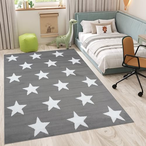 TAPISO Luxury Teppich Kurzflor Kinderteppich Grau Weiß Modern Geometrisch Sterne Wohnzimmer Jugendzimmer Kinderzimmer Schlafzimmer ÖKOTEX 80 x 150 cm