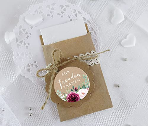 Freuden Tränen Taschentücher Set zur Hochzeit 24 Sticker + 24 braune Flachbeutel 63 x 93 mm Freudentränen Taschentuch Verpackung BOHO ROSEN EUKALYPTUS BLATT KRAFTPAPIER LOOK ROT ROSA