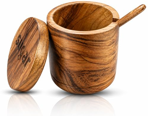 Recipiente decorativo de madera rústica para condimentos de azúcar, con tapa y cuchara de boca ancha para hierbas y especias, tazón de fuente para servir pantryware para servidores de té suelto