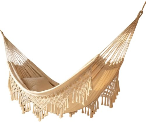 Amaca da esterno Campeggio Amaca da giardino Letto in cotone Amache con frange in macramè Amacas balcone Boho con nappe fatte a mano Amac doppia Giardino dietro la casa Spiaggia Terrazza