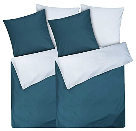 Moon Biancheria da letto double-face, 135 x 200 cm, 80 x 80 cm, 100% cotone, double-face, colore: azzurro