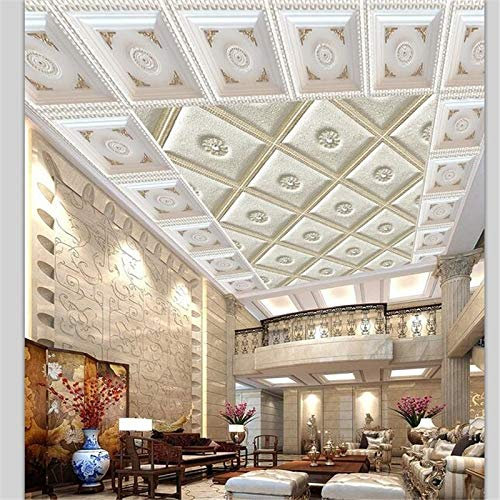 HGFHGD 3D Ceiling Wallpaper White Grid Sandstone Living Room Ceiling Wall Art Deco Ceiling Background Mural Wall Sticker