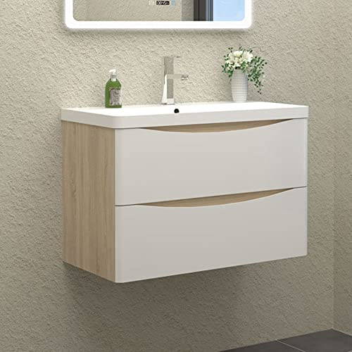 Waschtisch mit Unterschrank 80 cm Breit Weiss + Holzfarbe Badmöbel Set Hängend 2 Soft-Close Schubladen MDF-Platte