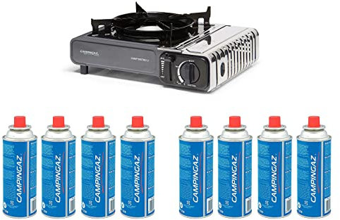 Campingaz - Camp Bistro 3 - Fornello a gas portatile completo di 8 cartucce a gas CP250 per campeggio feste outdoor - colore grigio inox