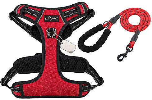 Hundegeschirr Anti Zug Geschirr Hund No Pull Verstellbar Atmungsaktiv Reflexstreifen Brustgeschirr Hund Sichere Führung Anhänger beschriftbar mit Etiketten Hundeleine Führleine Rot (M Red)