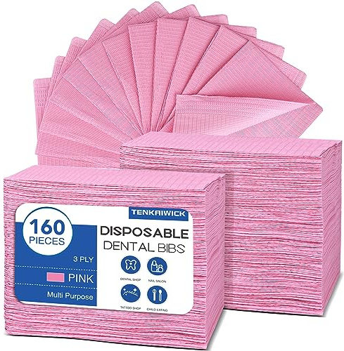 160 Pack Disposable Dental Bibs 13x18, 3-Ply Waterproof Tattoo Bibs Sheet for Nail Salon, Dental Clinic, Feeding, Tattoo Shop (Pink)