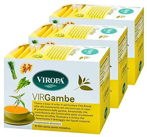 VIROPA VirGambe - 15 Filtri, Senza Punto Metallico - Tisana A Base Di Erbe, Con Vite Rossa, Utile Alla Funzionalità Del Microcircolo, Allevia La Pesantezza Delle Gambe (3 Confezioni)