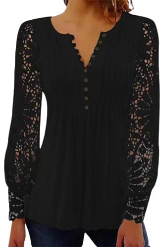 BISKAMY Tops for Women UK Elegant Ladies Tops Lace Patchwork Shirts Long Sleeve V Neck Blouse Plus Size Casual Loose T-Shirt， Black Large