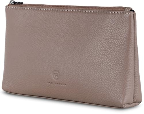 VON HEESEN Echtleder Kosmetiktasche für Damen & Herren - Kulturbeutel aus echtem Leder - Kulturtasche und Waschtasche für Männer und Frauen in Taupe