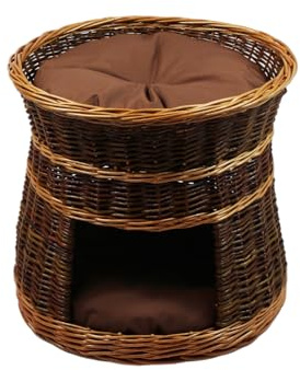 Katzenkorb zum Schlafen – Katzenhütte Indoor - Durchmesser: 50 cm rund – Katzenhöhle aus Weide – Zweistöckiger Hunde – oder Katzenbett – Korb Farbe lackiert Weide (Mit braunen Kissen)