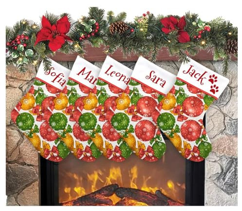 ALMATEX SRL Weihnachtsstrumpf, zum Aufhängen, mit Namen, 20 cm, 33 cm, personalisierbar, Weihnachtsstrümpfe, Weihnachtsstöcke, für Familienfeiern (20 x 33 cm, Kugeln, 5)