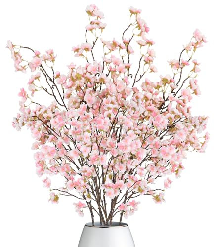Dremisland 4PCS Artificial Cherry Blossom Branches Pink Peach Flowers 39.3in Spring Fake Cherry Flowers Tree Stems Silk floral Plants Faux Plum Blossom for Wedding Bouquets Party Table Vase Decor
