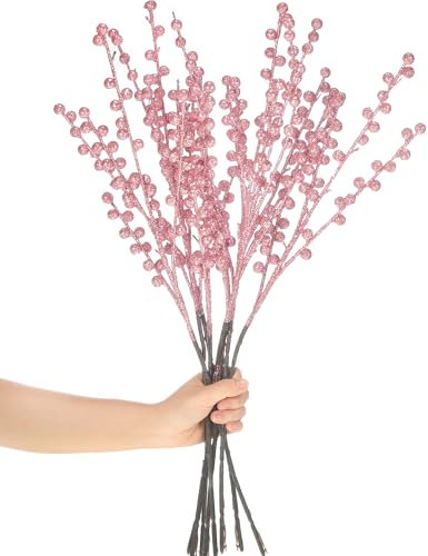 WILLBOND Tallos de bayas artificiales de 21.6 pulgadas, ramas de bayas de acebo para árbol de Navidad, decoración de Año Nuevo, manualidades (oro rosa)
