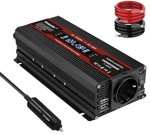 Yinleader 12V/24V auf 230V 2000W Wechselrichter LCD-Display Spannungswandler mit 1 DE Steckdose 2 USB Anschlüsse.
