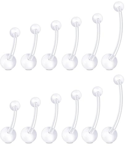 WillTen 14G Schwangerschaft Bauch Bar, 12Pcs Mutterschaft Bauch Bar Kunststoff Bauch Bar Bälle Lang Bauch Bar, Clear Bioflex Bauchnabel Bars Bauchnabel Piercing für Schwangere Frauen