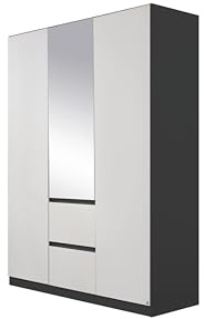 Rauch Möbel NIDDA, Kleiderschrank, Farbe Weiß/Grau metallic, Breite 136 cm | Schrank, Kinderkleiderschrank, 3-türig, Spiegel, 2 Schubladen, Push-to-open, für Schlafzimmer, Babyzimmer, Garderobe