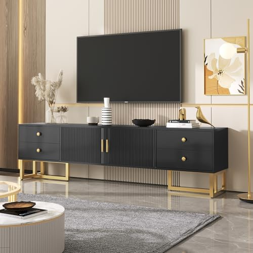 MSMOK TV-Schrank, niedriges Paneel mit strukturierter Tür, TV-Möbel mit Schubladen, goldenen Füßen und goldenen Griffen (Schwarz)