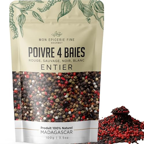 Mon Epicerie Fine. Poivres 4 Baies Entier de Madagascar - Séléction gourmet - Melange parfait de saveur et 100% Naturel 100g Sachet ZIP refermable recyclable fabriqué en Europe