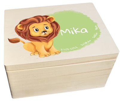 CHICCIE Erinnerungsbox personalisiert für Baby & Kind mit Aquarell Druck farbig Löwe - Geburt Holzkiste für schöne Erinnerungen - Holz-Box Erinnerungskiste 40x30x23cm