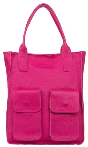 Vezze Sac shopping en daim sac en cuir italien - solide et imperméable - grand compartiment principal - plusieurs poches et poignées - et bandoulière - Fuchsia