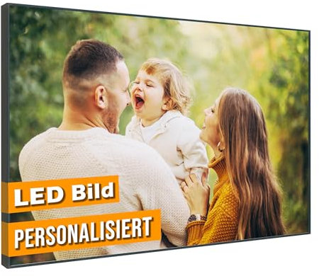 Generisch Leuchtbild Personalisiert I LED Wandbild mit eigenem Motiv I Beleuchtete Leinwand mit Rahmen I Made in Germany (LED Leuchtbild Personalisiert, 40x30 cm (Querformat), Rahmen: Weiß Matt)