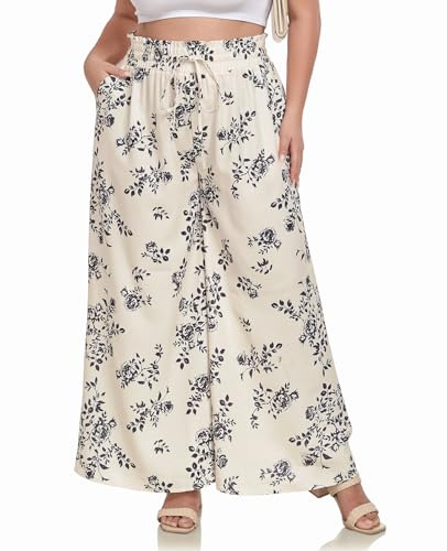 Moon Wood Pantalon Femme Grande Taille Haute Été Long Léger Fluide Elastique avec Poches Imprimé 02 3XL