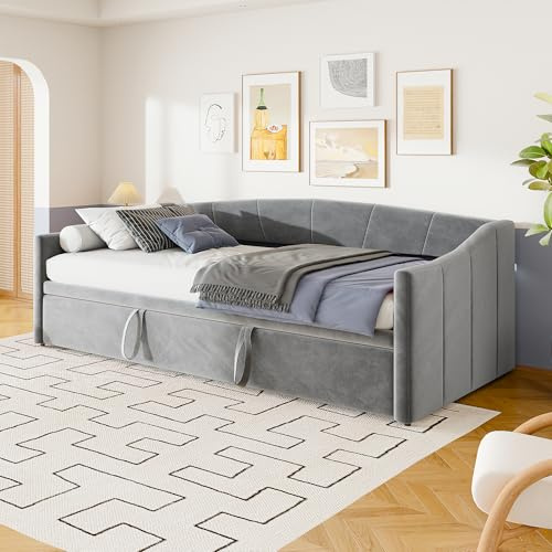 Teahutty Ausziehbares Schlafsofa 90/180 x 200 cm, Schlafcouch Polsterbett mit Lattenrost, Tagesbett mit Aufbewahrungstasche, Platzsparendes Ausziehbett, Samt