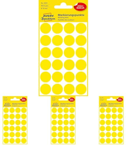 AVERY Zweckform 3007 selbstklebende Markierungspunkte 96 Stück (Ø18mm, Klebepunkte auf 4 Bogen, Punktaufkleber zur Farbcodierung, runde Aufkleber für Kalender, Planer und zum Basteln, Papier) gelb