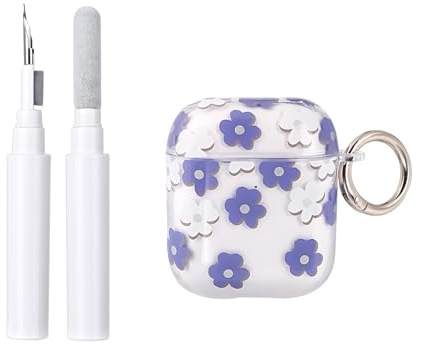 Reownest Cover per AirPods 2ª/1ª Generazione con Kit di Pulizia, Carina con Stampa Floreale Trasparente Motivo Estetico a Fiori, Custodia Morbida Antiurto con Portachiavi per AirPods 2/1 -Blu