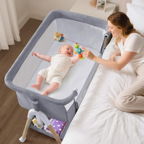 3 in 1 Baby Beside Crib for Babies from Birth to 9kg, Portable Baby Cot Bed Travel Baby Bassinet Bedside Crib Adjustable Height & Incline 4 Lockable Wheels Baby Co-Sleeper for Newborn Infant Grey