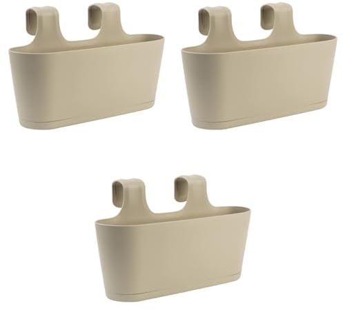 Gariella - 3 x Blumenkasten in Sand, Hängekasten, Geländer-Montage, Balkon, Außenbereich, 5,5 L, oval, Kunststoff, Übertopf, Pflanzkasten, Blumentopf zum Hängen, Wasserspeicher, Untersetzer