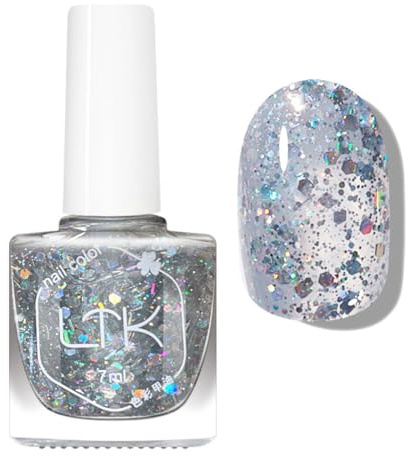 Silver Glitter Nail Polish,Holographic Quick Dry Nail Varnish,Sparkly Silver Glitter Nail Polish,Flash Shiny Color Reflective Clear Sequins Varnish,Long-lasting No Need Baking Easy to Apply