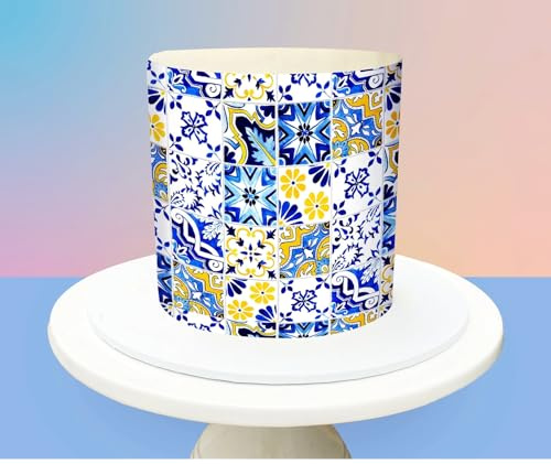 Edible Marble Lemon Mediterranean Greek Tile,Blue and White Italian Positano Tiles Cake Wrap Photo Edible Cake Border ICING/WAFER !!!033 (Wafer Paper)