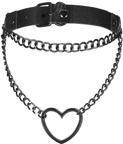 Heclia Collier ras-du-cou punk en cuir synthétique noir pour femmes gothique collier ras du cou cœur charme collier réglable collier cœur slip chaîne pour accessoires de Noël d'Halloween