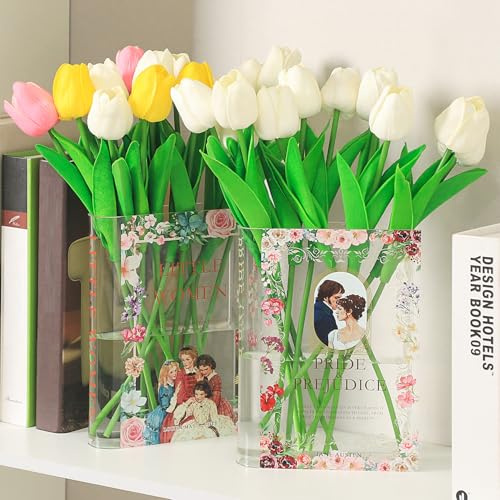 KRYSTHIA - Set di 2 vasi a forma di libro, in acrilico, a forma di libro, per tulipani, piccoli vasi unici, regalo moderno per gli amanti dei libri, per ufficio, soggiorno, camera da letto, libreria