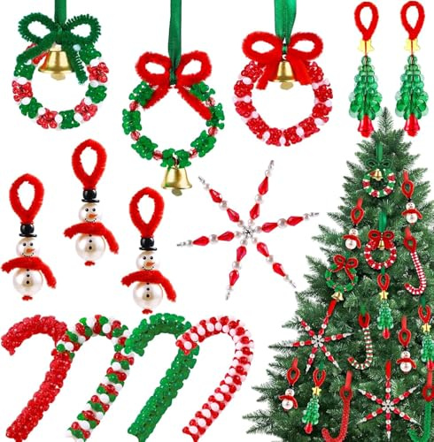 Weihnachtsperlen Ornament Set,DIY Perlen Ornamente Set mit Mini-Weihnachtsbaum, Geschenkset für Weihnachtsbasteln Klassische Plastik Perlen für Weihnachtsbaum Deko (Schneeflocken & Schneemänner)