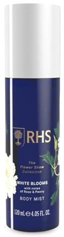 RHS Flower Show White Blooms Body Mist Rose Jasmine Musk Notes 120ml | Delicate Light Fragrance Mist with Rose, Jasmine and Musk Notes. Leaves Skin Fresh and Elegantly Scented All Day.